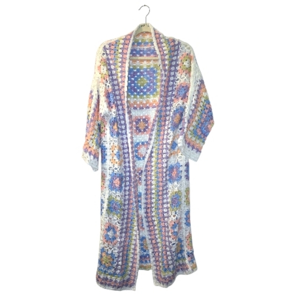 POL Pastel Crochet Granny Square Duster Kimono Cardigan OSFA - Picture 7 of 11